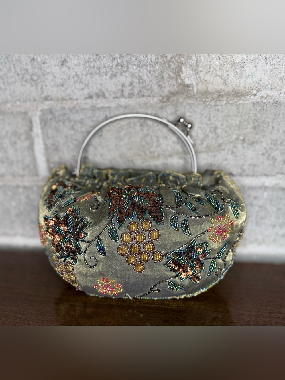 Vintage Beaded Evening Bag Floral Sequin Kiss Lock Purse Olive Green Clutch